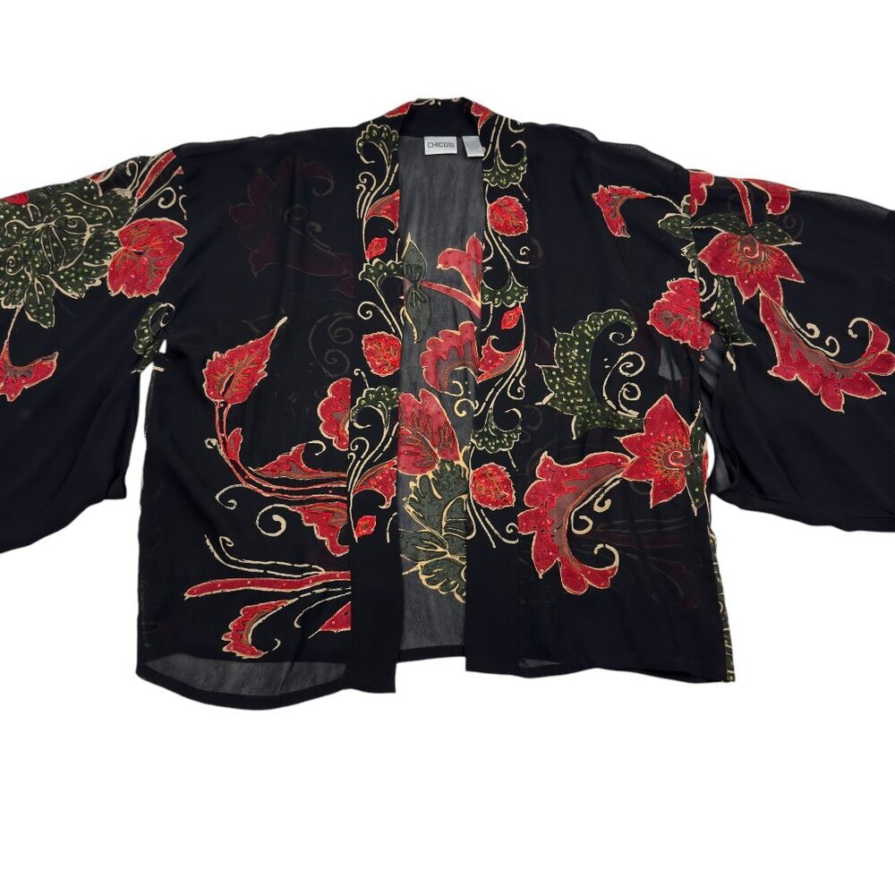 Chico's Gorgeous Beaded Floral Semi-Sheer 100% Rayon Kimono Women's Size S/M